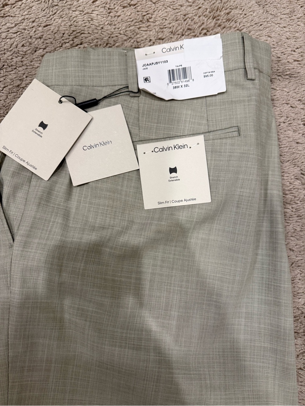 Calvin Klein Jace Dress Pants Men 38x32 Taupe Plaid Slim Fit Stretch NWT